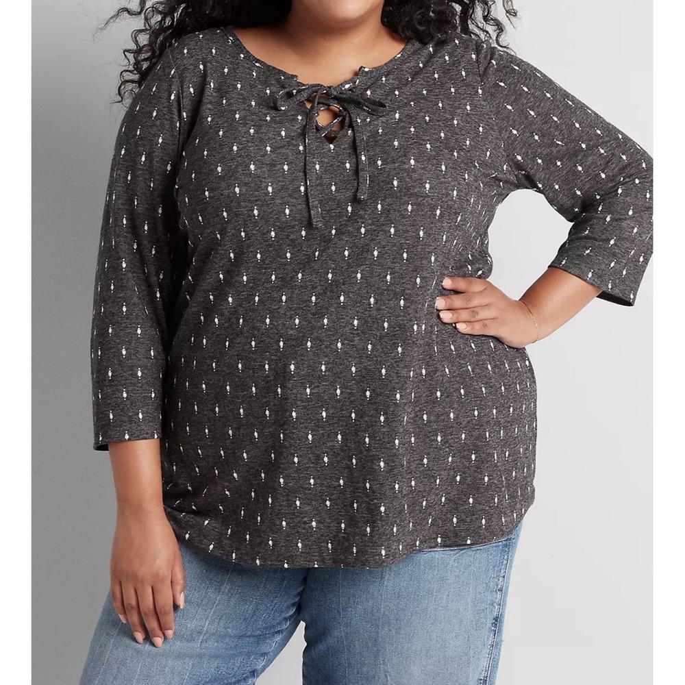 Lane Bryant Linen Blend Tunic Shirt Blouse 14/16 Gray Lace Up Neck Swing Classic